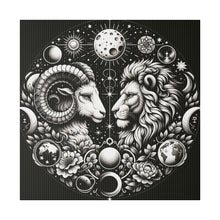 Load image into Gallery viewer, Celestial Zodiac Aries and Leo Black and White Artwork on Matte Canvas, Stretched 0.75 Inch