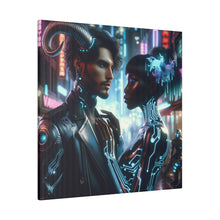Load image into Gallery viewer, Cybernetic Embrace - Neon Fantasy Art Matte Canvas Print, Stretched 0.75 Inch