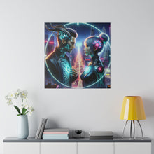 Load image into Gallery viewer, Cybernetic Encounter Matte Canvas Art - Futuristic Cityscape with Advanced Humanoids - Stretched 0.75 Inch Frame