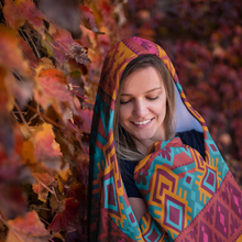 Load image into Gallery viewer, Hooded Microfiber Blanket - Aztec Teal / Orange Pattern
