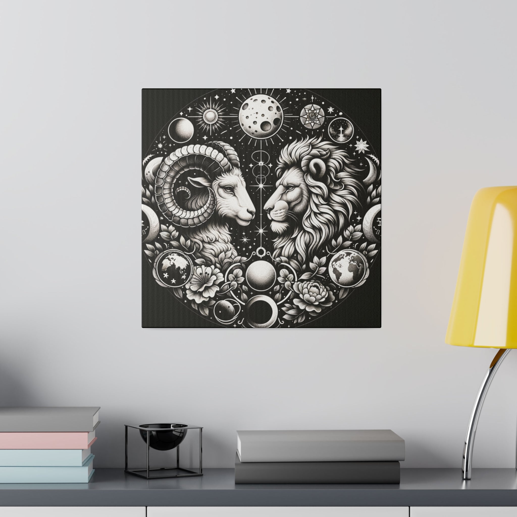 Celestial Zodiac Aries and Leo Black and White Artwork on Matte Canvas, Stretched 0.75 Inch