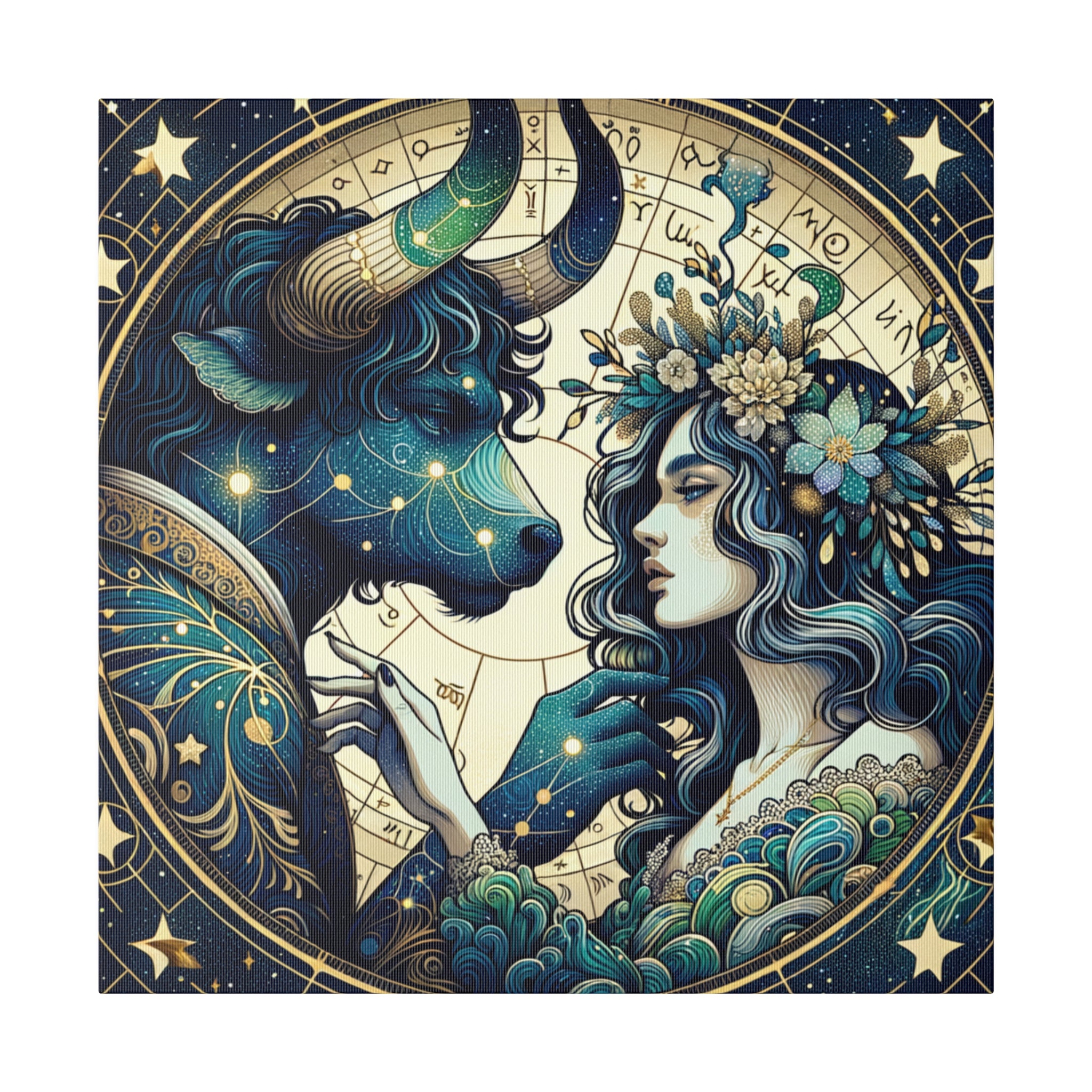 Celestial Zodiac Taurus and Woman Artwork Matte Canvas Print - Stretched 0.75 Inch Frame