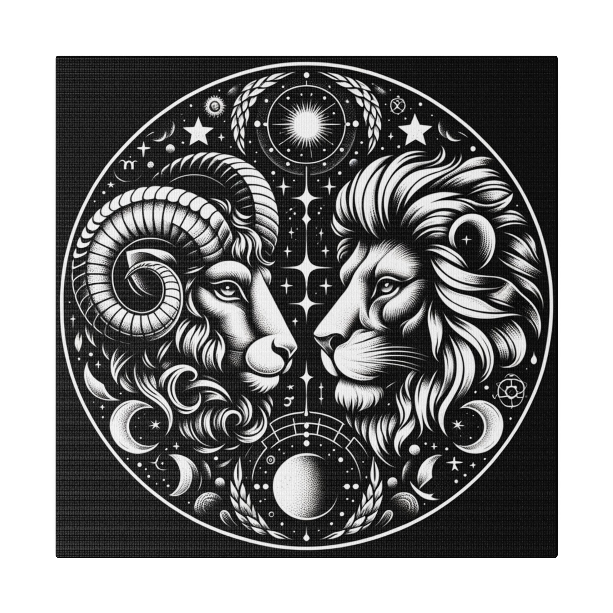 Astrological Aries and Leo Black and White Artwork on Matte Canvas, Stretched 0.75 Inch Frame