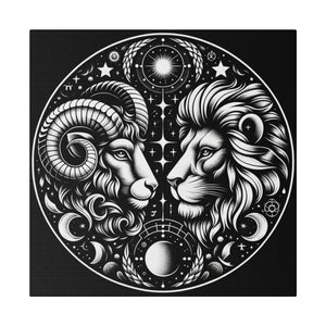 Astrological Aries and Leo Black and White Artwork on Matte Canvas, Stretched 0.75 Inch Frame