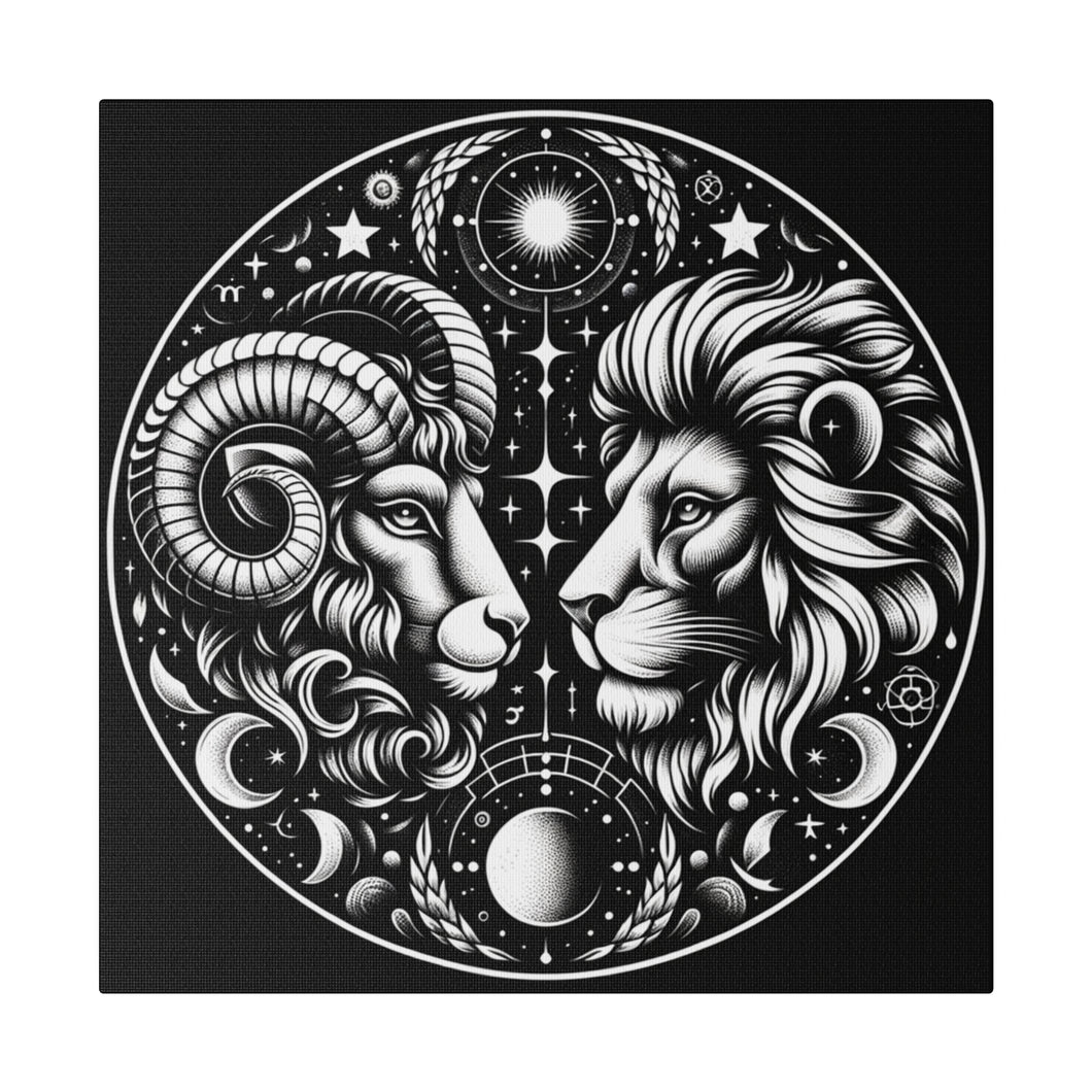 Astrological Aries and Leo Black and White Artwork on Matte Canvas, Stretched 0.75 Inch Frame
