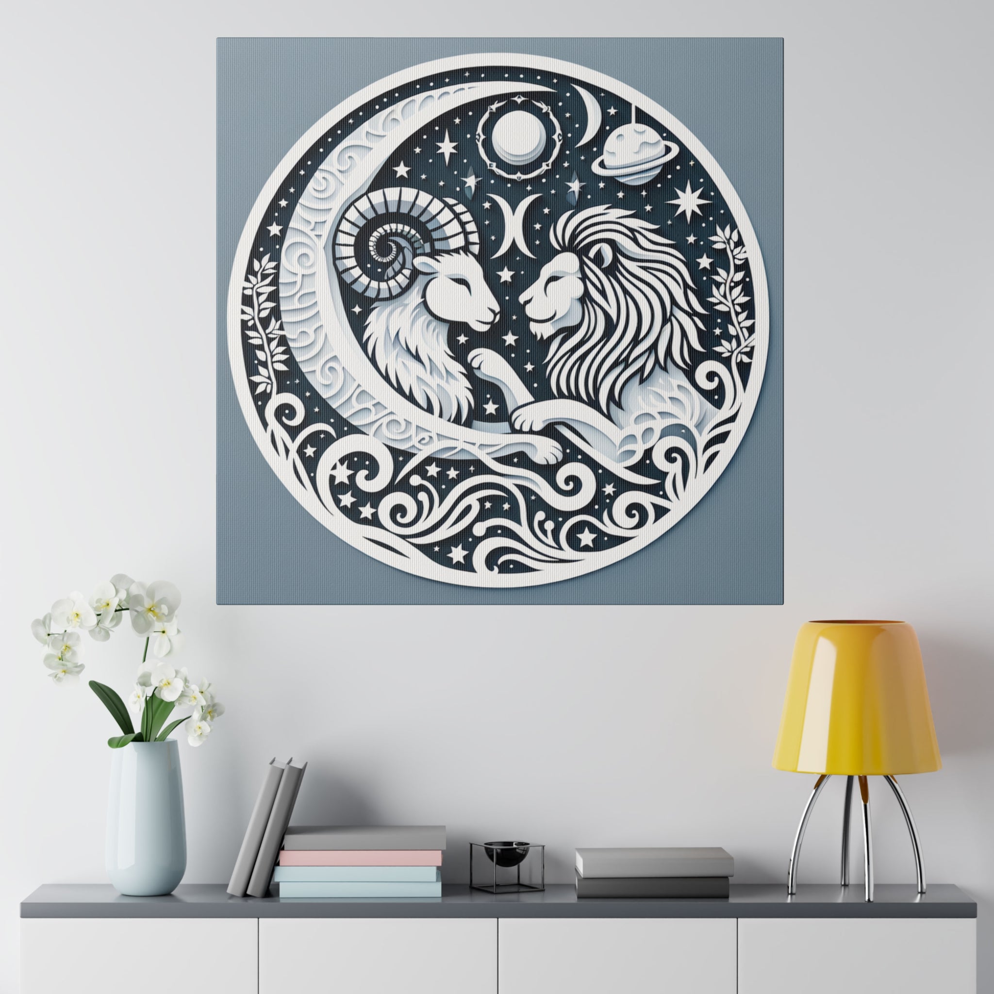 Celestial Zodiac Harmony Matte Canvas Art - Capricorn and Leo Constellation Design