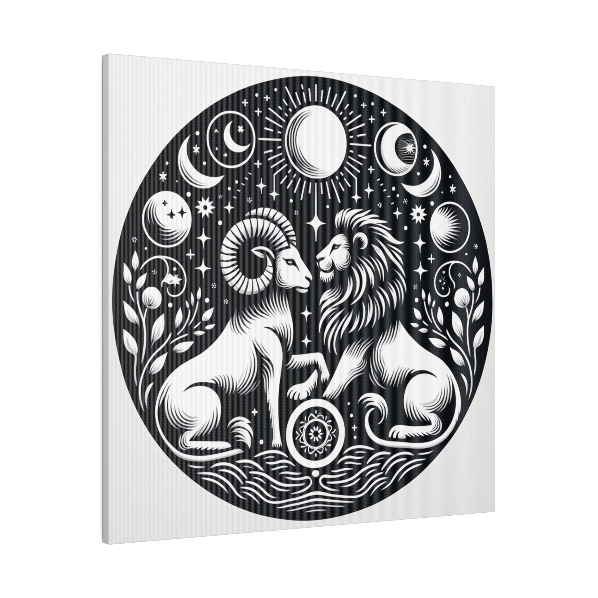 Celestial Harmony Lion and Ram Illustration Art on Matte Canvas - Stretched 0.75 Inch Frame