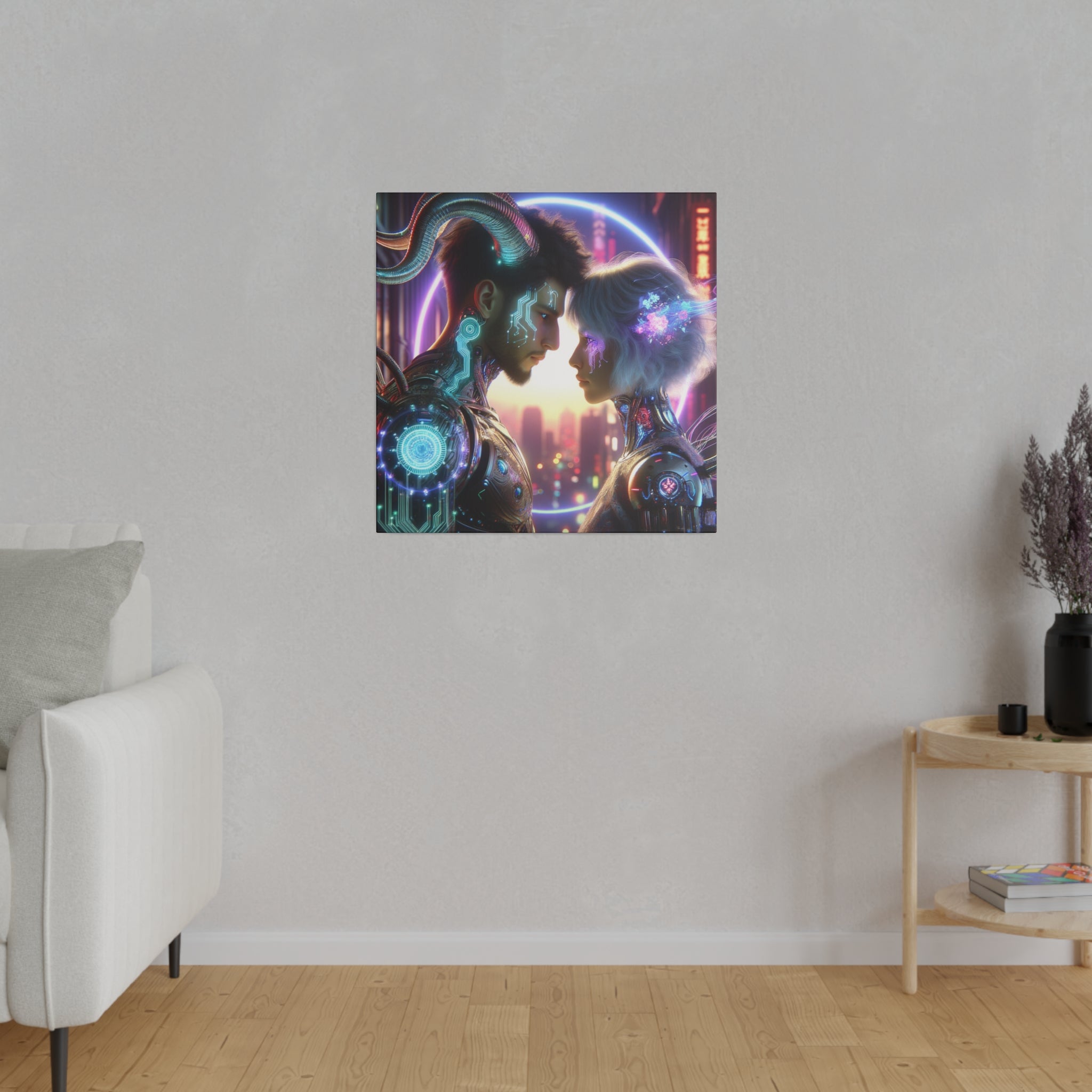 Cybernetic Embrace - Futuristic Love Canvas Art Print