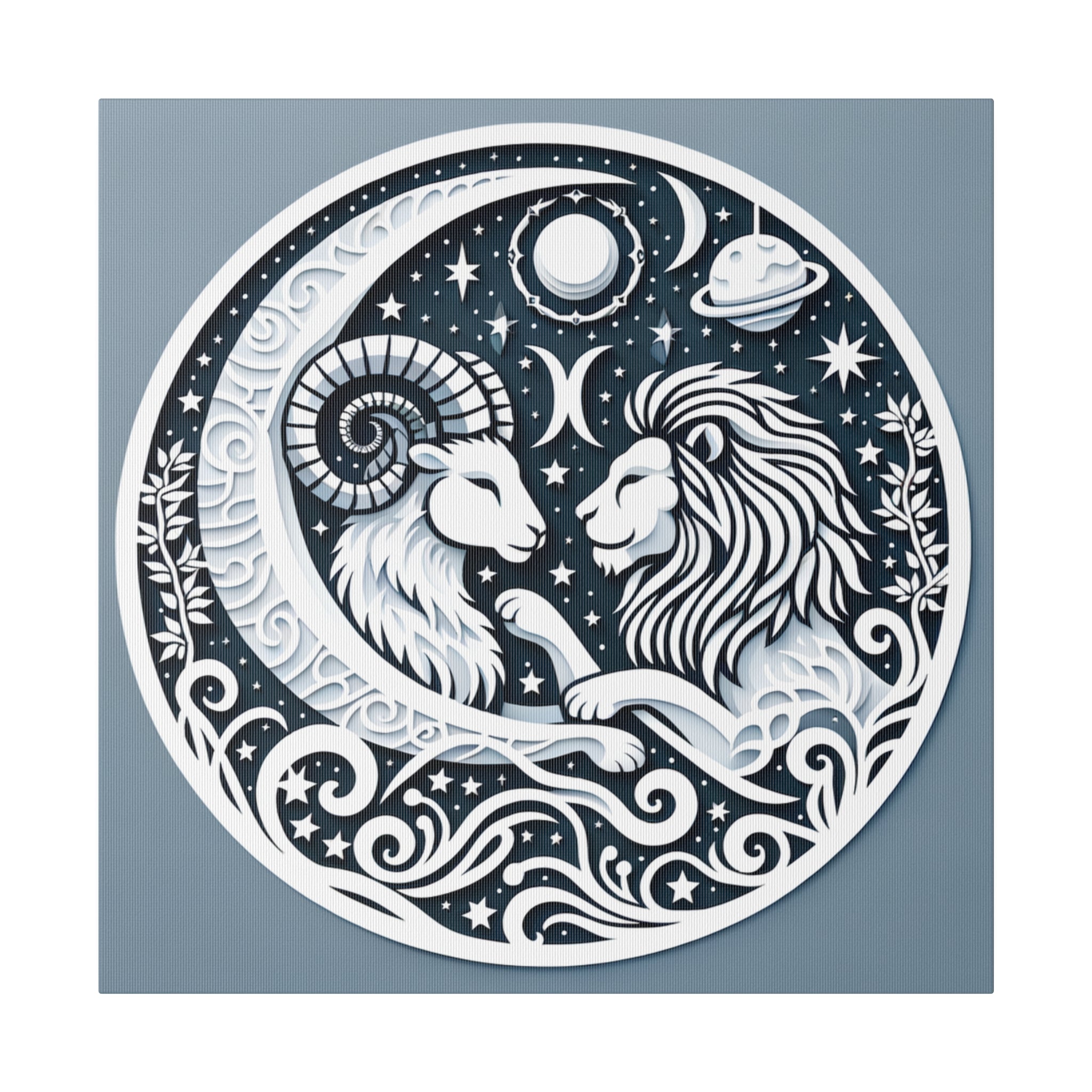 Celestial Zodiac Harmony Matte Canvas Art - Capricorn and Leo Constellation Design