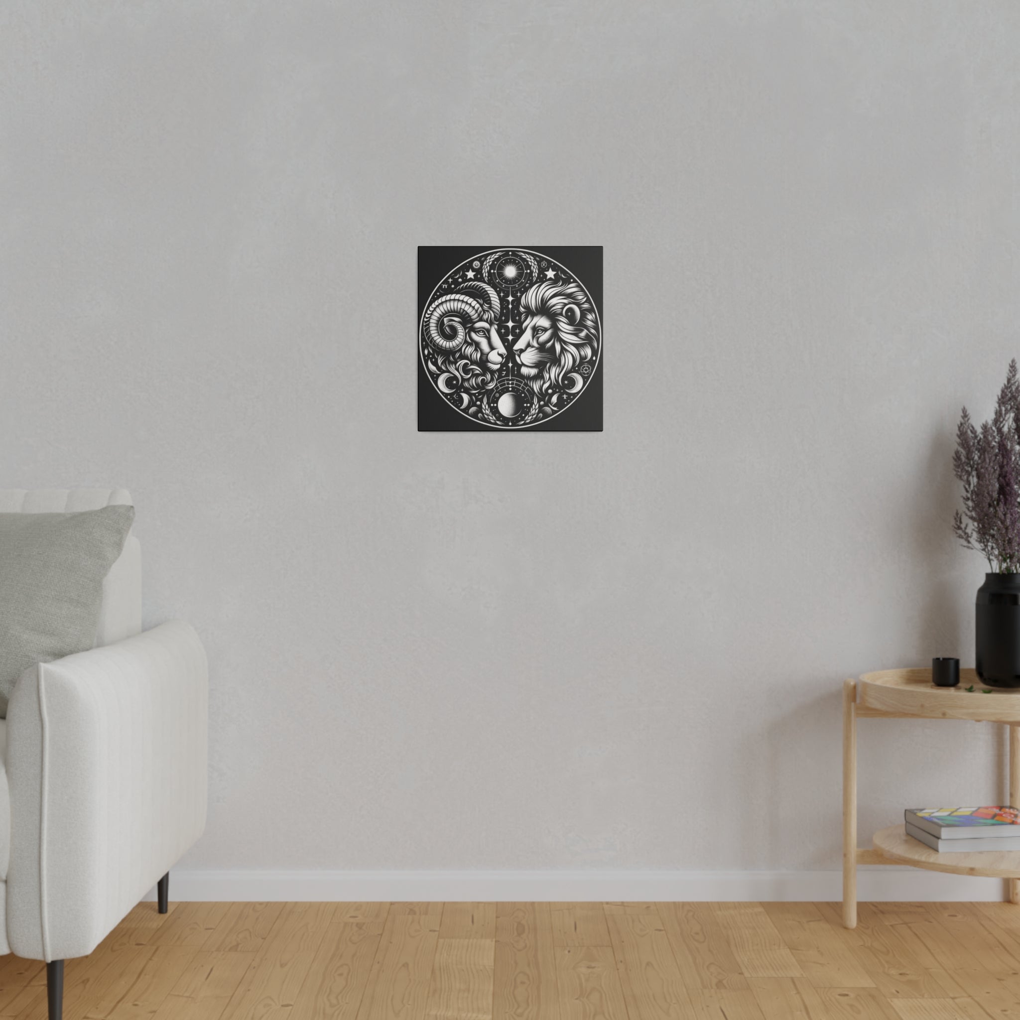 Astrological Aries and Leo Black and White Artwork on Matte Canvas, Stretched 0.75 Inch Frame