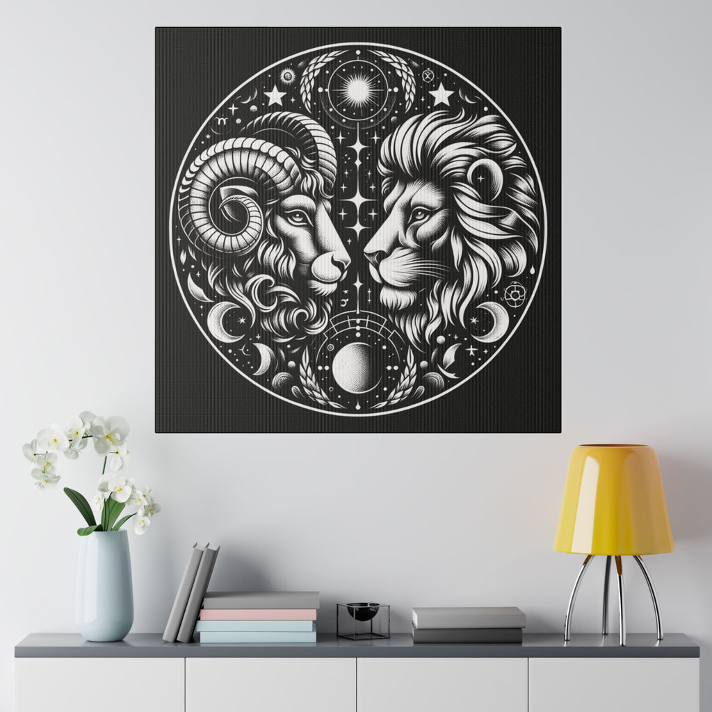 Astrological Aries and Leo Black and White Artwork on Matte Canvas, Stretched 0.75 Inch Frame
