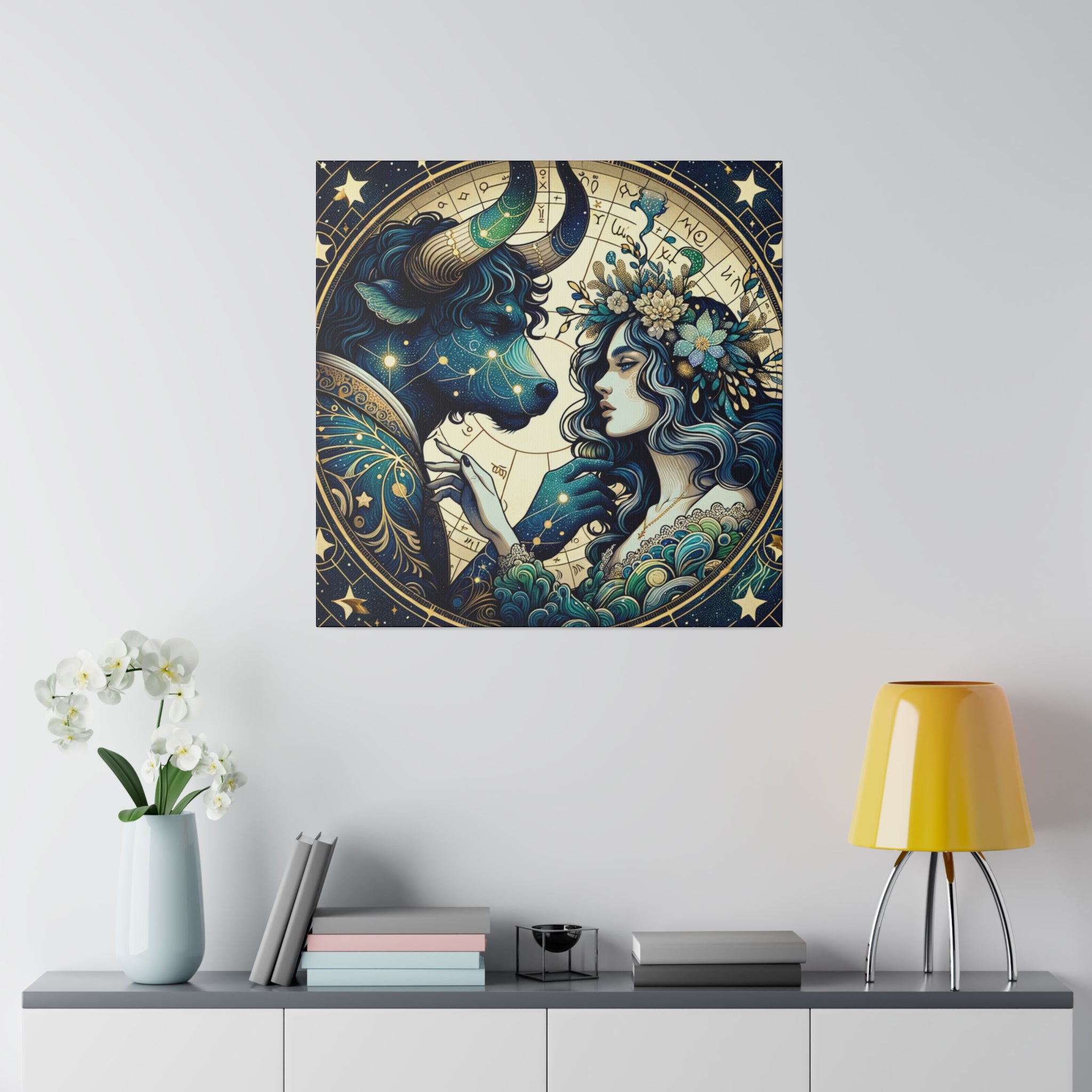Celestial Zodiac Taurus and Woman Artwork Matte Canvas Print - Stretched 0.75 Inch Frame