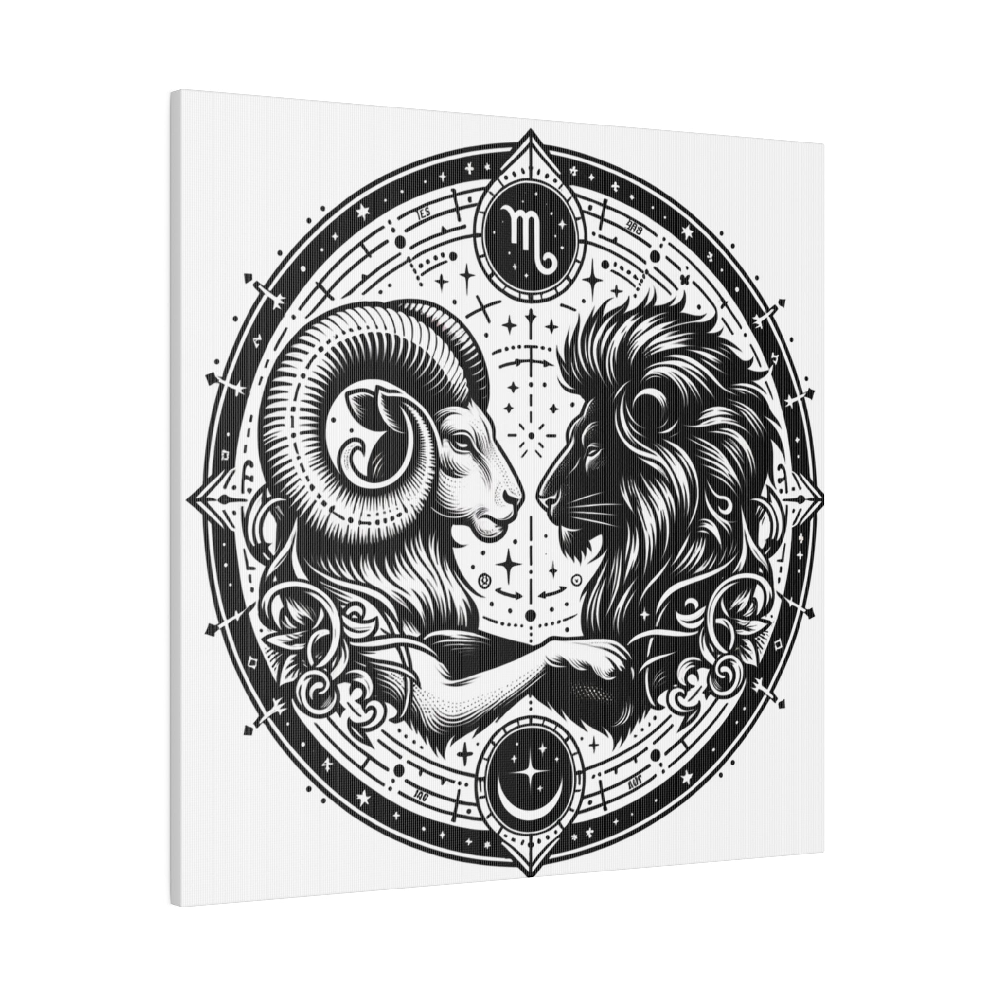Astrological Aries and Leo Black and White Artwork on Matte Canvas