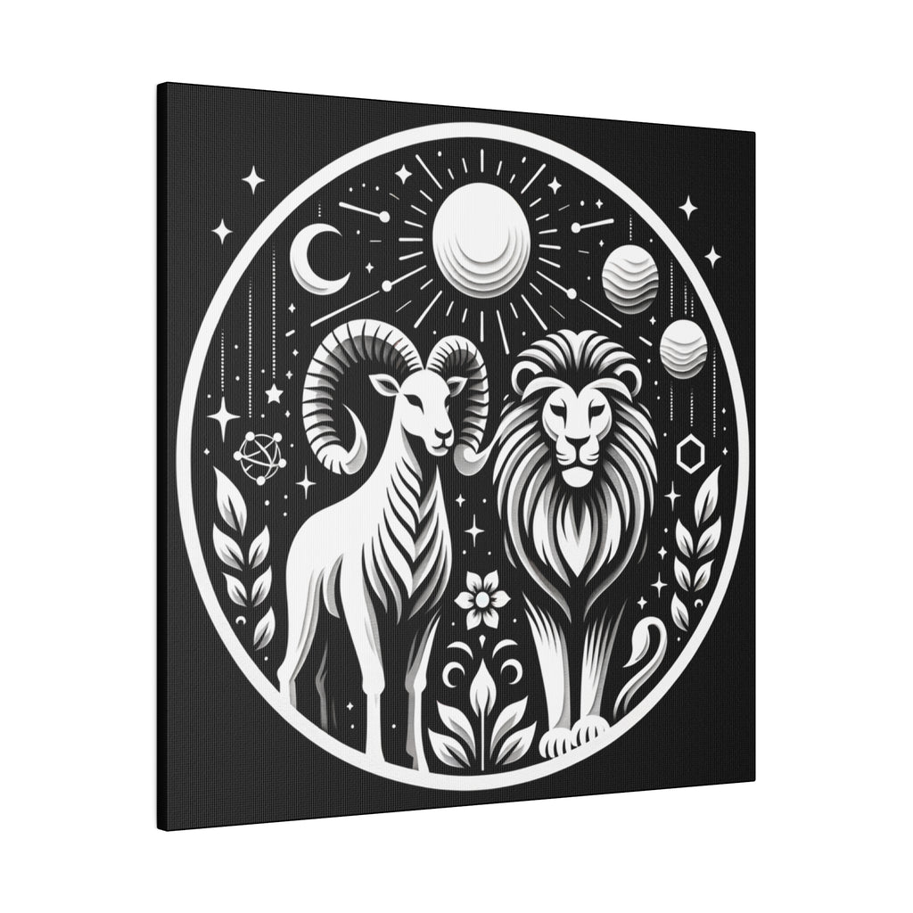 Celestial Zodiac Aries and Leo Black and White Art Matte Canvas Print
