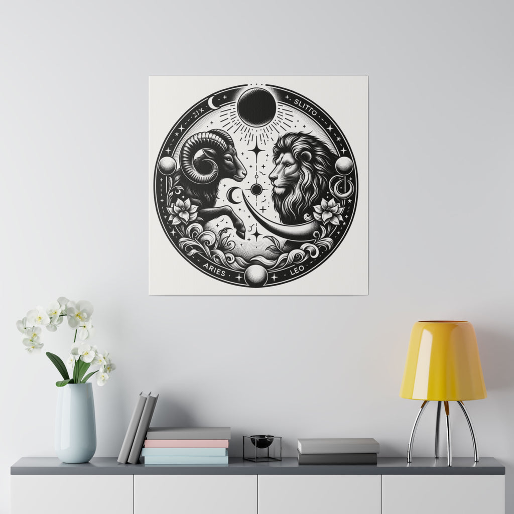 Zodiac Harmony Aries and Leo Black and White Art Matte Canvas Print - Stretched 0.75 Inch