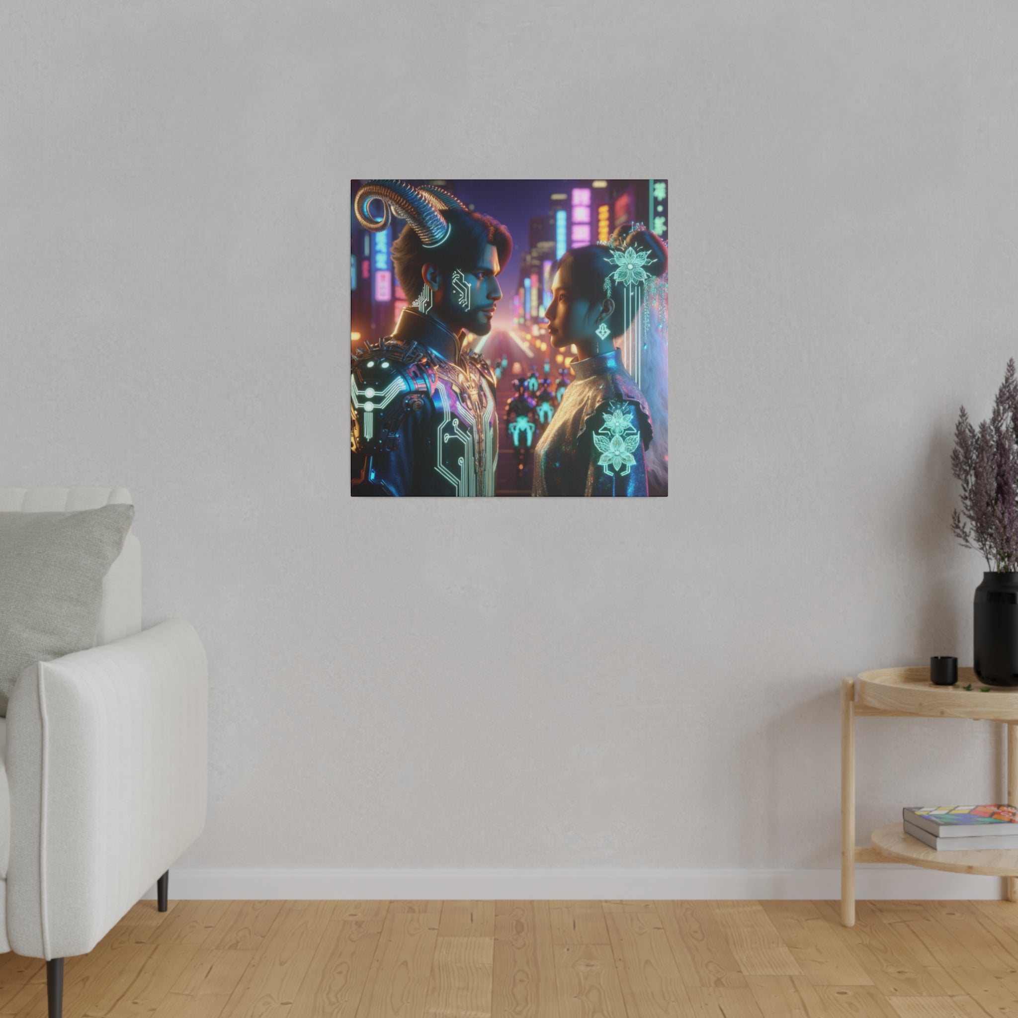 Cyberpunk Romance - Neon Dreamscape Matte Canvas Art 0.75 Inch Frame