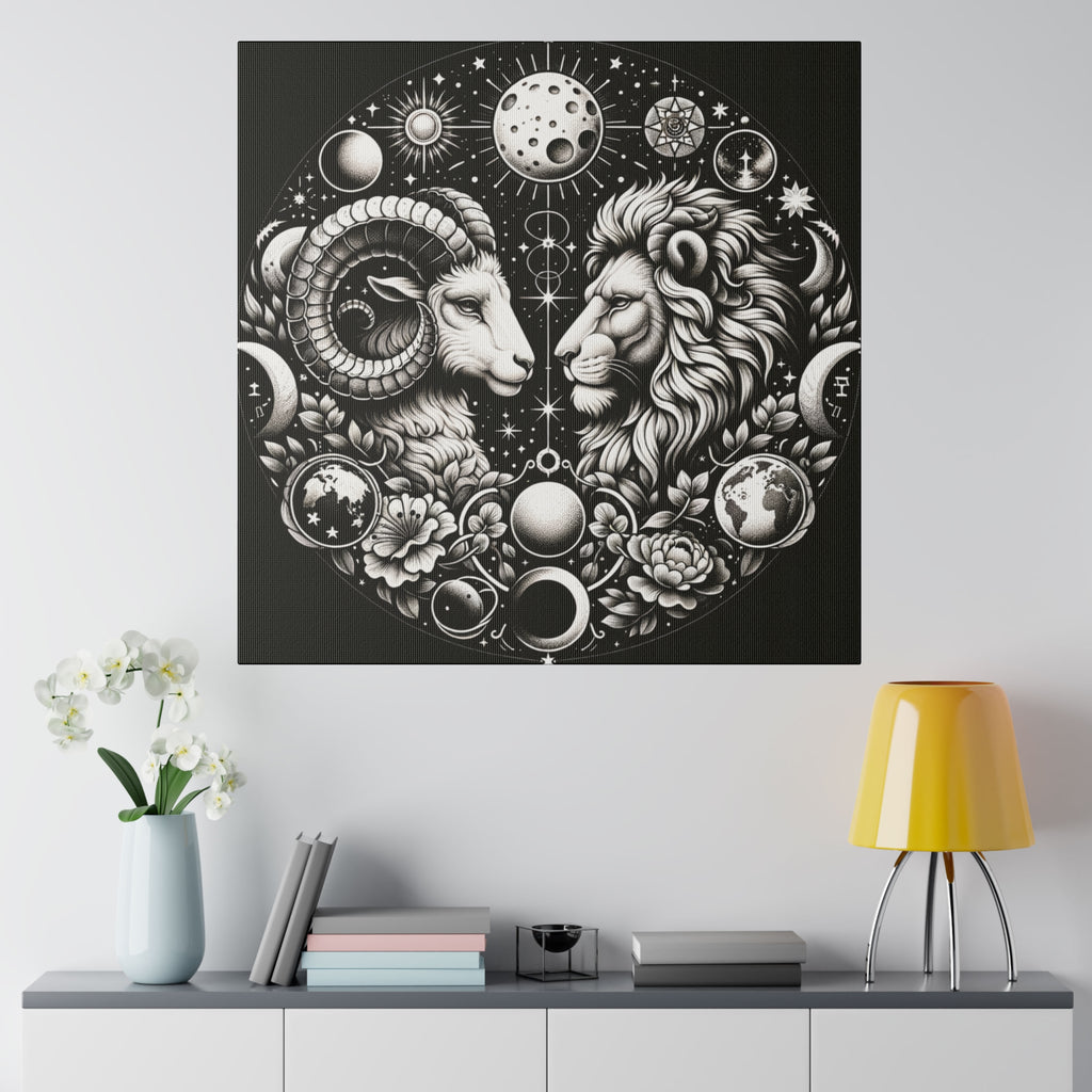 Celestial Zodiac Aries and Leo Black and White Artwork on Matte Canvas, Stretched 0.75 Inch