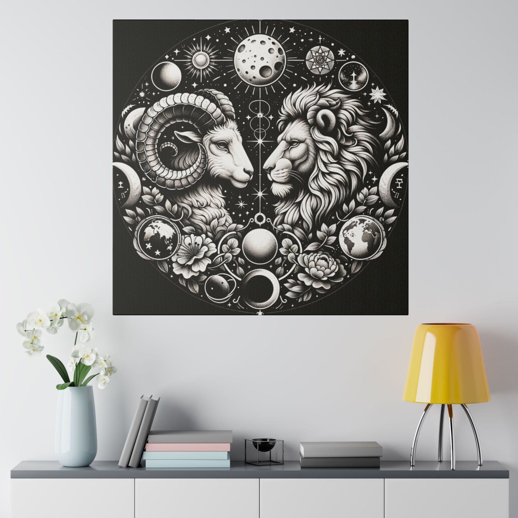 Celestial Zodiac Aries and Leo Black and White Artwork on Matte Canvas, Stretched 0.75 Inch
