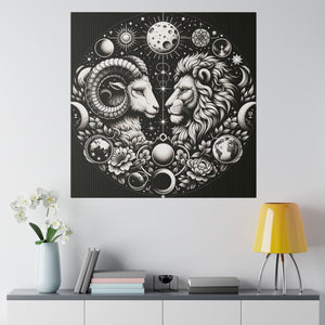 Celestial Zodiac Aries and Leo Black and White Artwork on Matte Canvas, Stretched 0.75 Inch