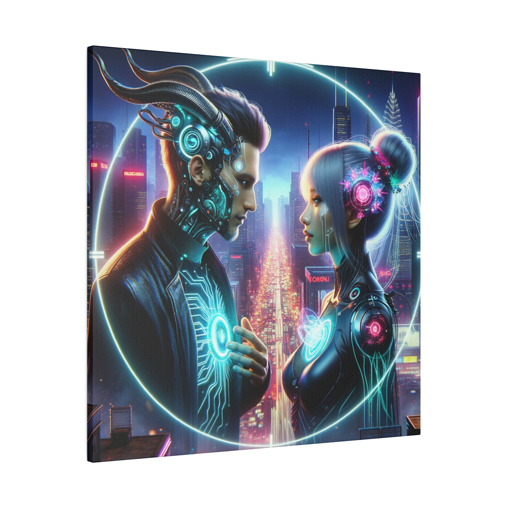 Cybernetic Encounter Matte Canvas Art - Futuristic Cityscape with Advanced Humanoids - Stretched 0.75 Inch Frame