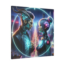 Load image into Gallery viewer, Cybernetic Encounter Matte Canvas Art - Futuristic Cityscape with Advanced Humanoids - Stretched 0.75 Inch Frame
