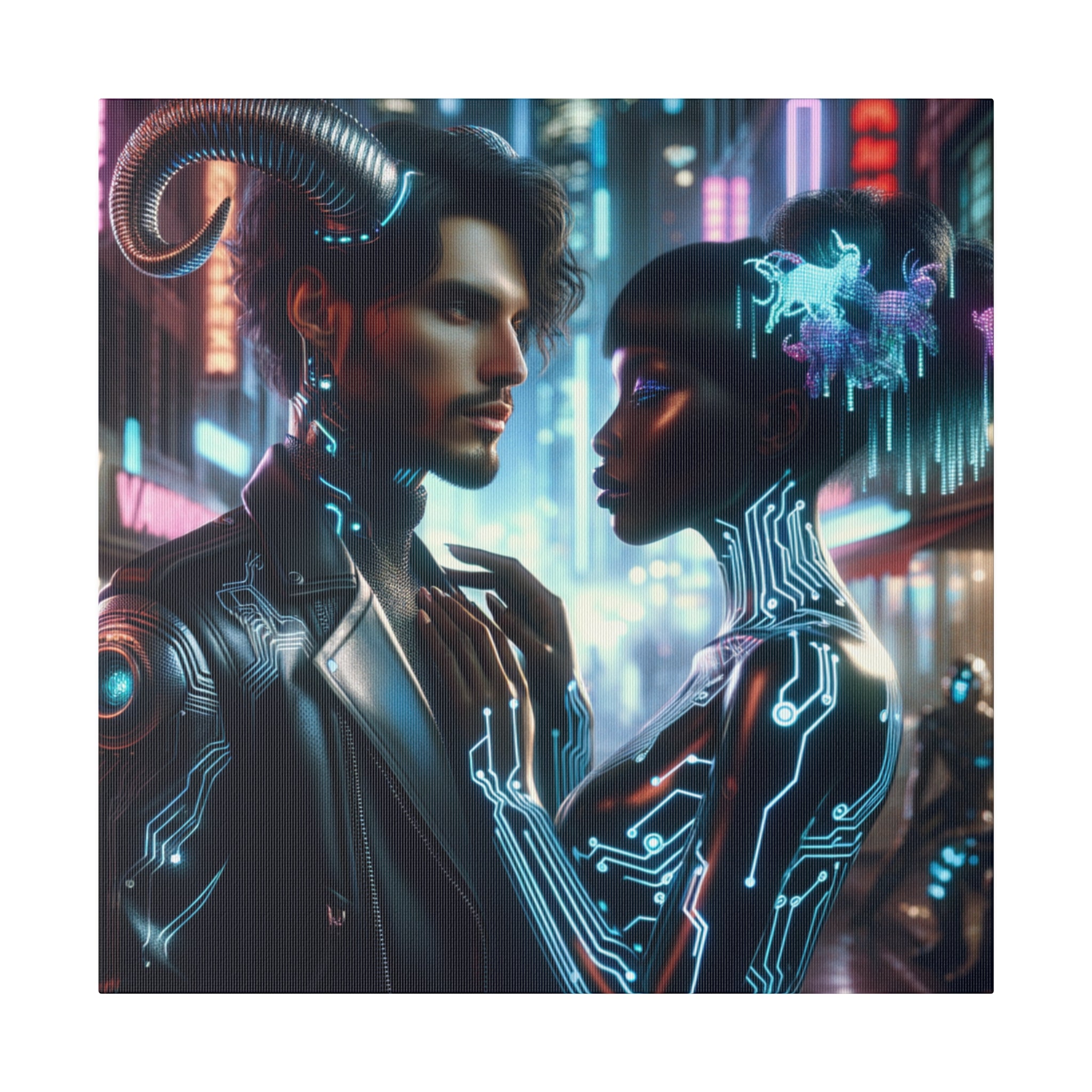 Cybernetic Embrace - Neon Fantasy Art Matte Canvas Print, Stretched 0.75 Inch