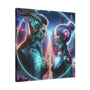 Cybernetic Encounter Matte Canvas Art - Futuristic Cityscape with Advanced Humanoids - Stretched 0.75 Inch Frame