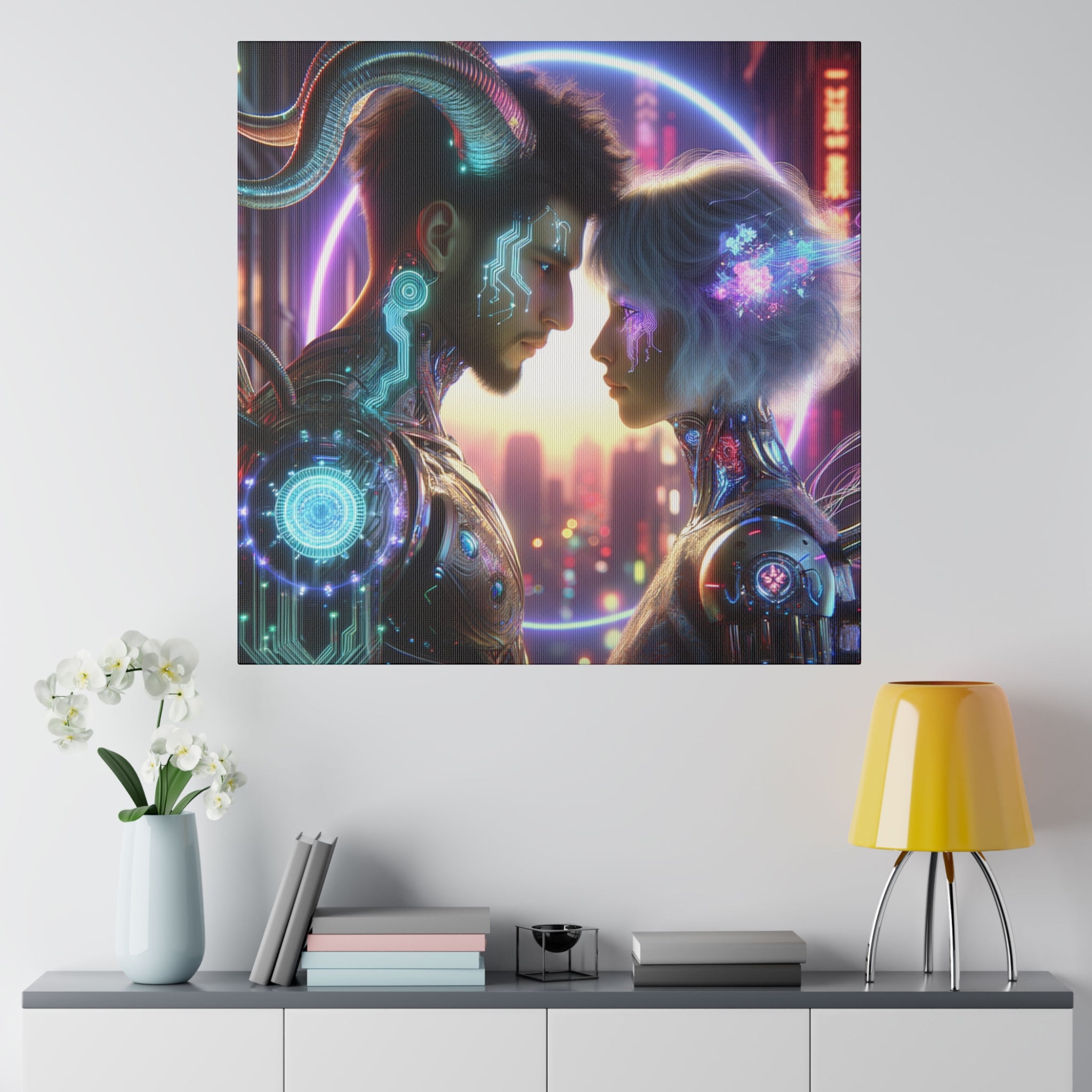 Cybernetic Embrace - Futuristic Love Canvas Art Print