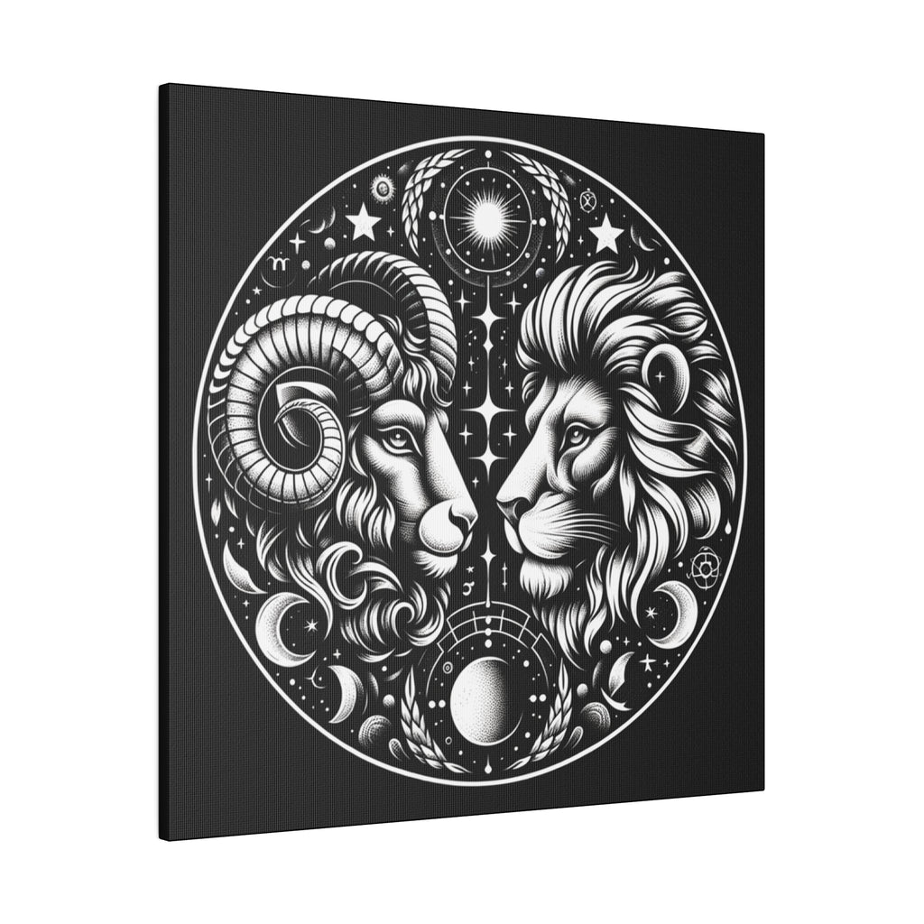 Astrological Aries and Leo Black and White Artwork on Matte Canvas, Stretched 0.75 Inch Frame