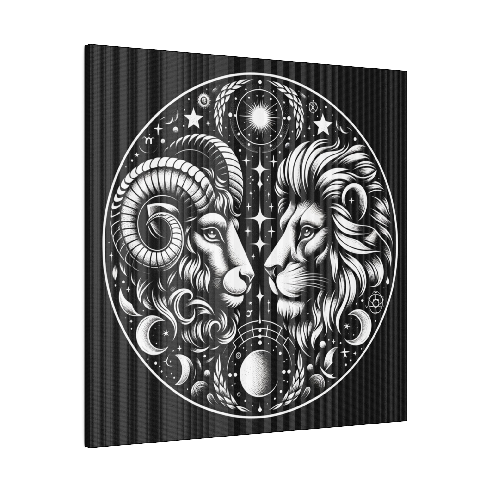 Astrological Aries and Leo Black and White Artwork on Matte Canvas, Stretched 0.75 Inch Frame