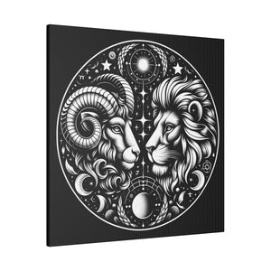 Astrological Aries and Leo Black and White Artwork on Matte Canvas, Stretched 0.75 Inch Frame