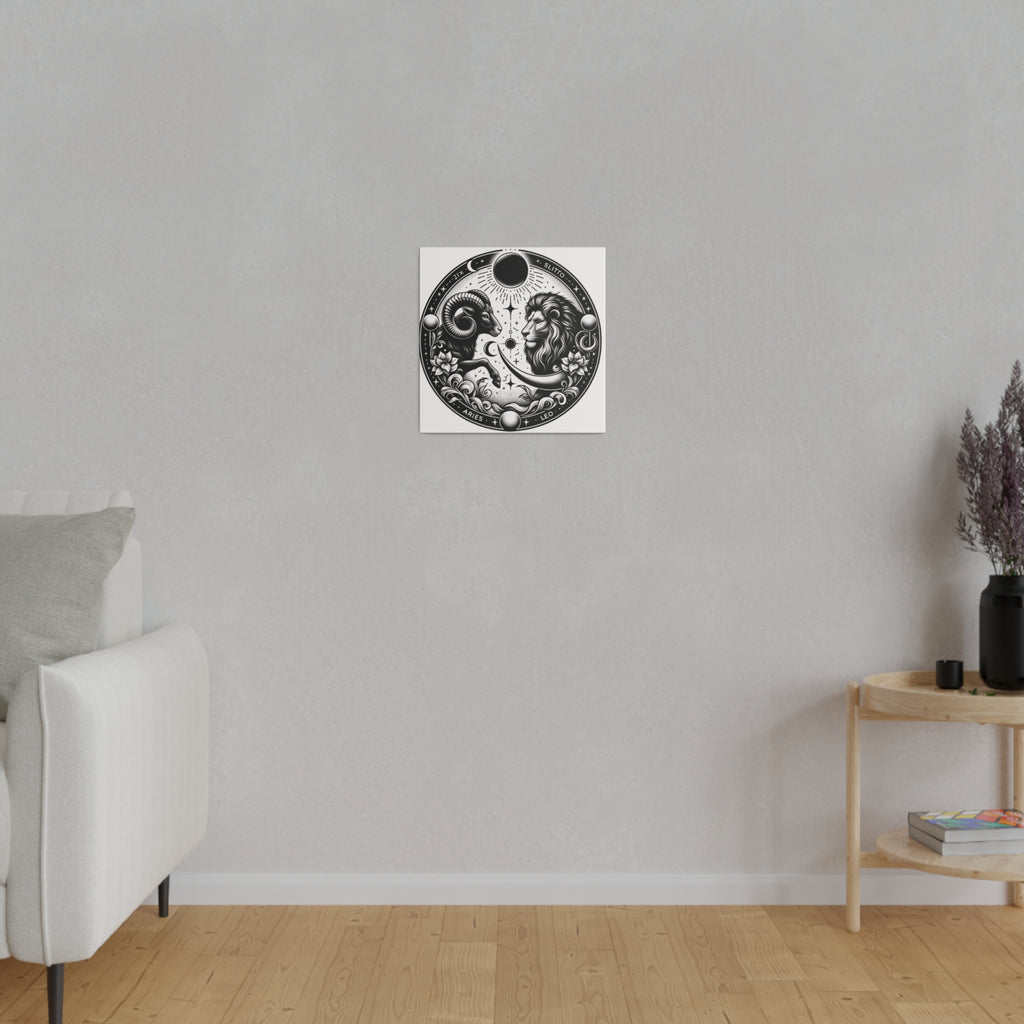 Zodiac Harmony Aries and Leo Black and White Art Matte Canvas Print - Stretched 0.75 Inch