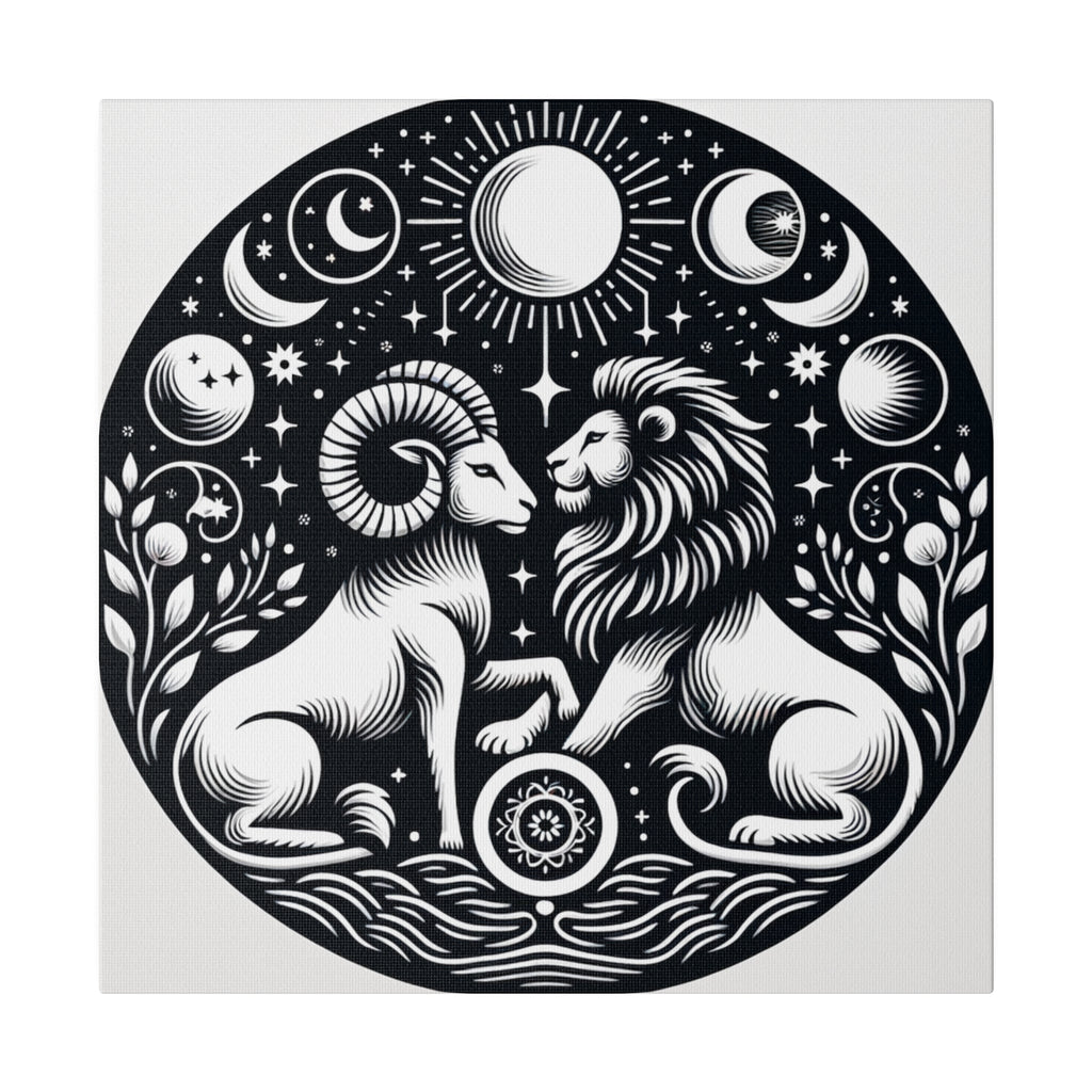 Celestial Harmony Lion and Ram Illustration Art on Matte Canvas - Stretched 0.75 Inch Frame