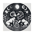 Celestial Harmony Lion and Ram Illustration Art on Matte Canvas - Stretched 0.75 Inch Frame
