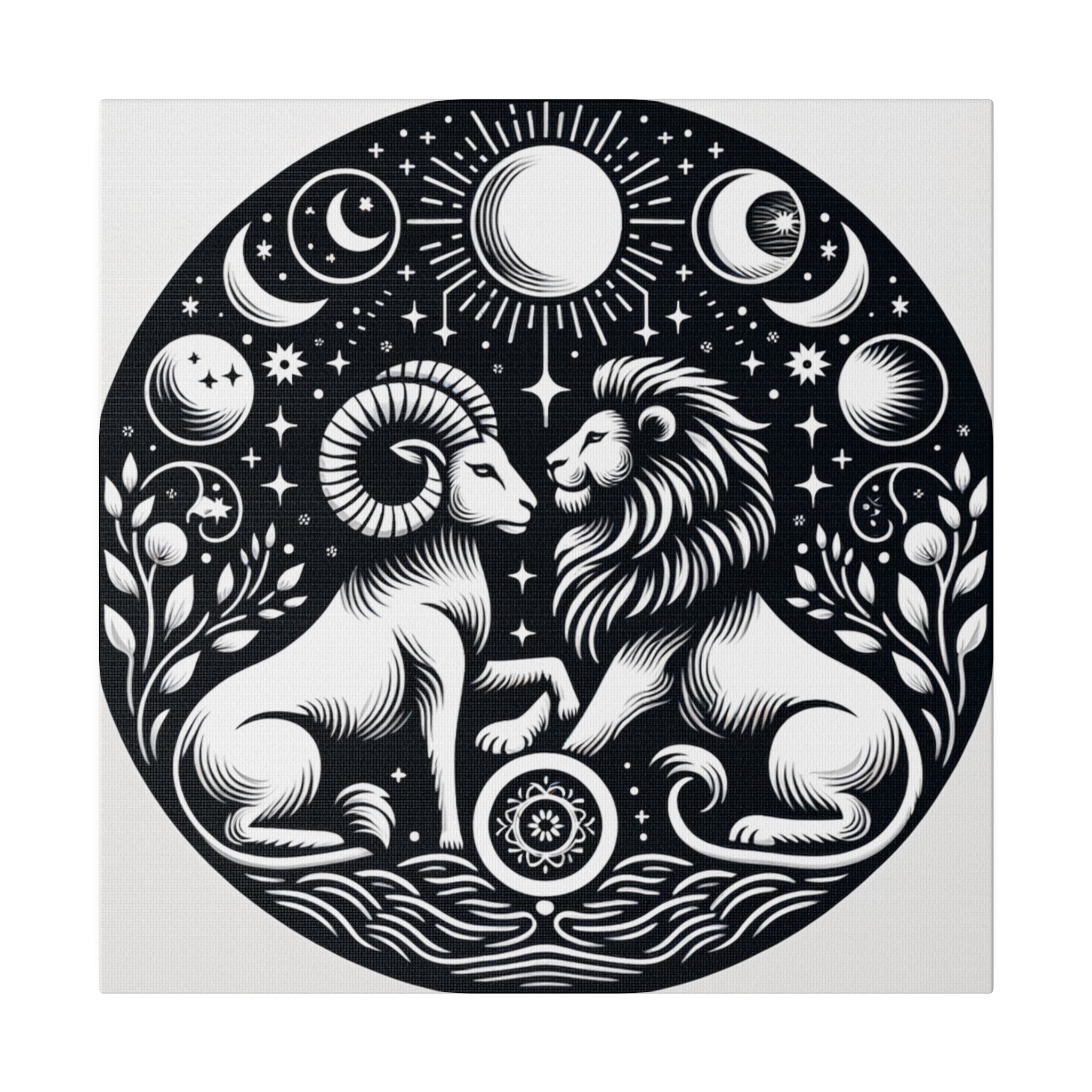 Celestial Harmony Lion and Ram Illustration Art on Matte Canvas - Stretched 0.75 Inch Frame