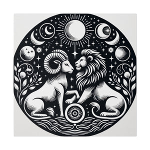 Celestial Harmony Lion and Ram Illustration Art on Matte Canvas - Stretched 0.75 Inch Frame