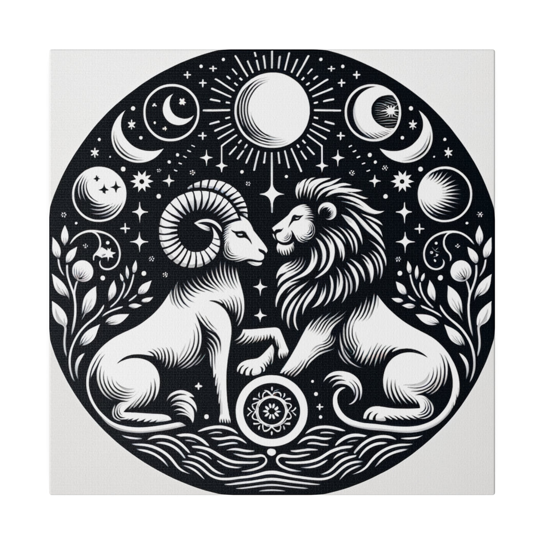 Celestial Harmony Lion and Ram Illustration Art on Matte Canvas - Stretched 0.75 Inch Frame