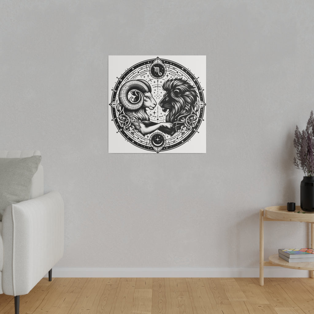 Astrological Aries and Leo Black and White Artwork on Matte Canvas