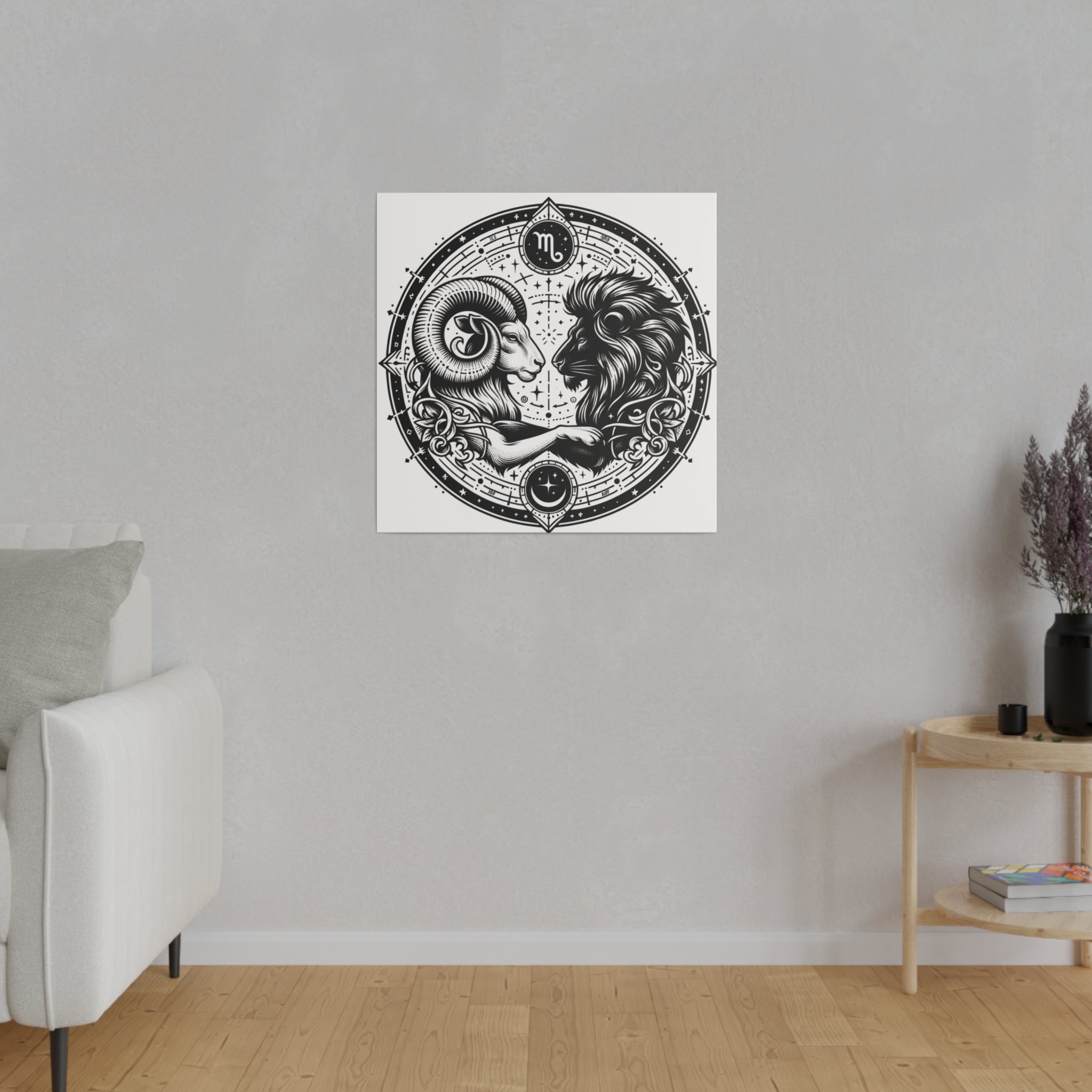 Astrological Aries and Leo Black and White Artwork on Matte Canvas