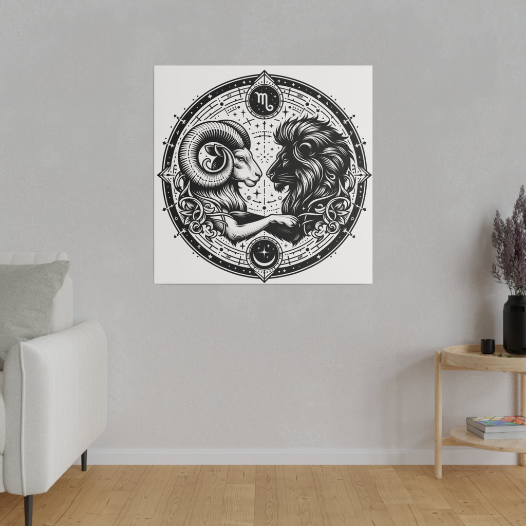 Astrological Aries and Leo Black and White Artwork on Matte Canvas
