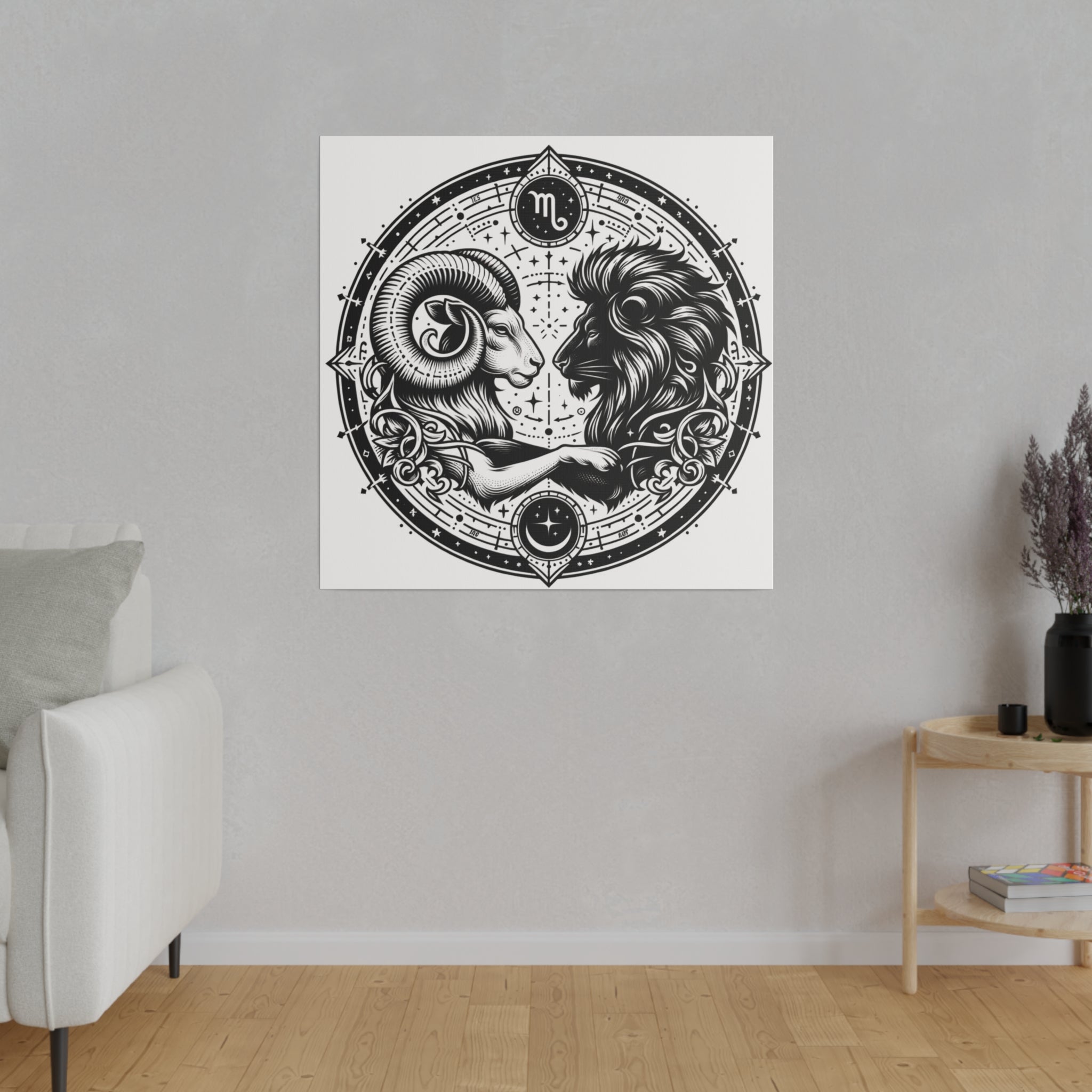 Astrological Aries and Leo Black and White Artwork on Matte Canvas