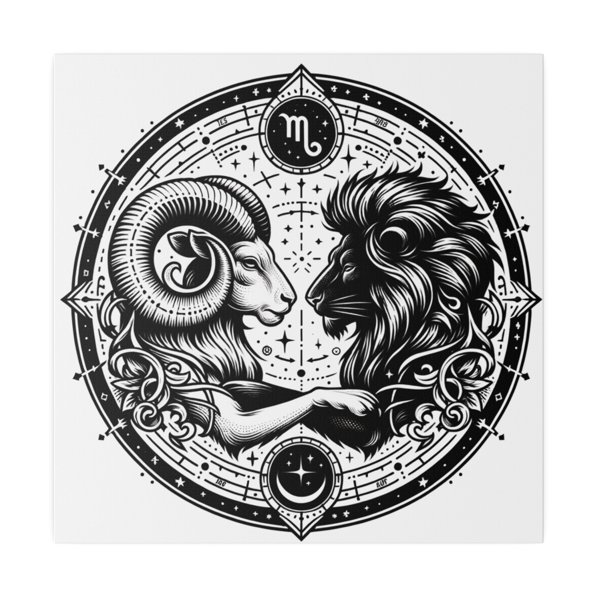 Astrological Aries and Leo Black and White Artwork on Matte Canvas