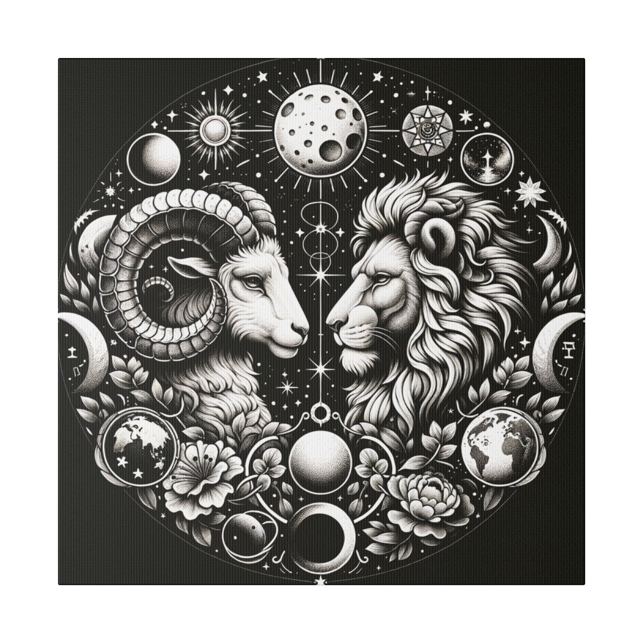 Celestial Zodiac Aries and Leo Black and White Artwork on Matte Canvas, Stretched 0.75 Inch