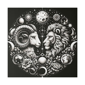 Celestial Zodiac Aries and Leo Black and White Artwork on Matte Canvas, Stretched 0.75 Inch