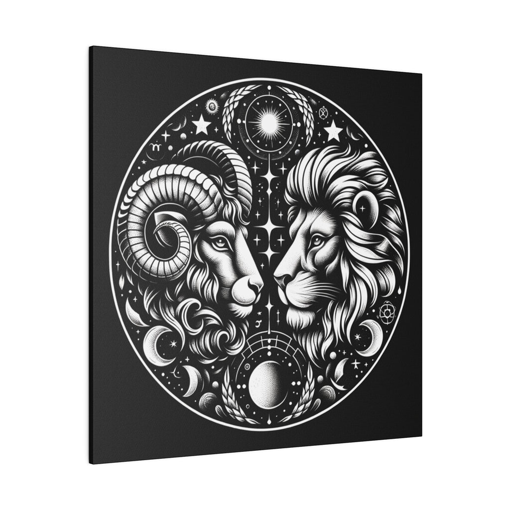 Astrological Aries and Leo Black and White Artwork on Matte Canvas, Stretched 0.75 Inch Frame