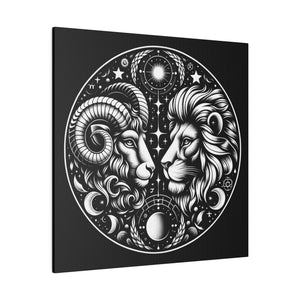Astrological Aries and Leo Black and White Artwork on Matte Canvas, Stretched 0.75 Inch Frame