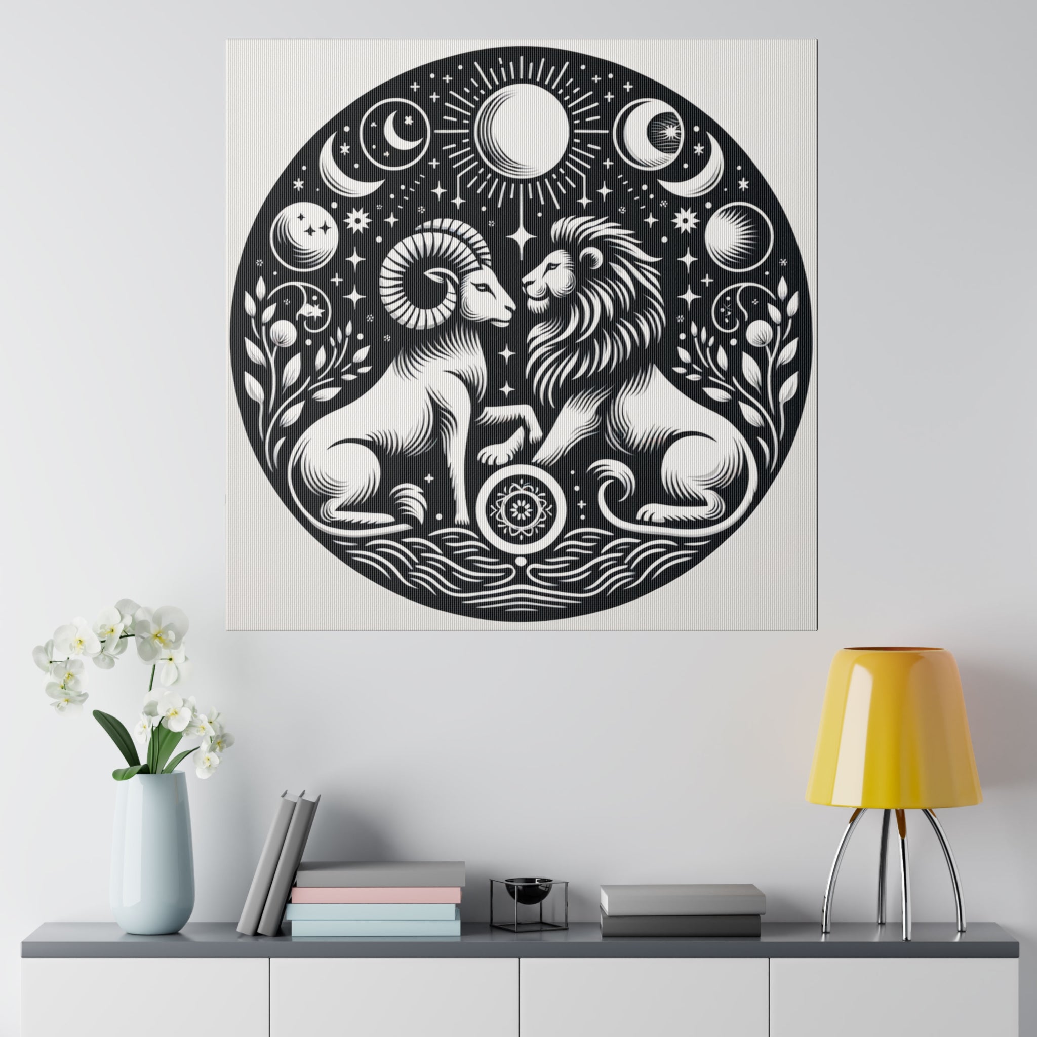 Celestial Harmony Lion and Ram Illustration Art on Matte Canvas - Stretched 0.75 Inch Frame