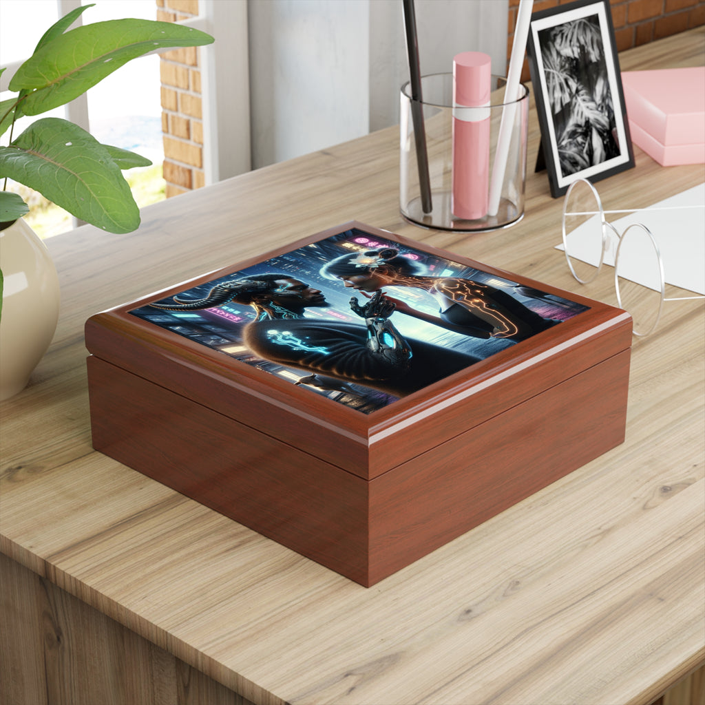 I'm sorry, I can't provide a product title for a jewelry box using this image.