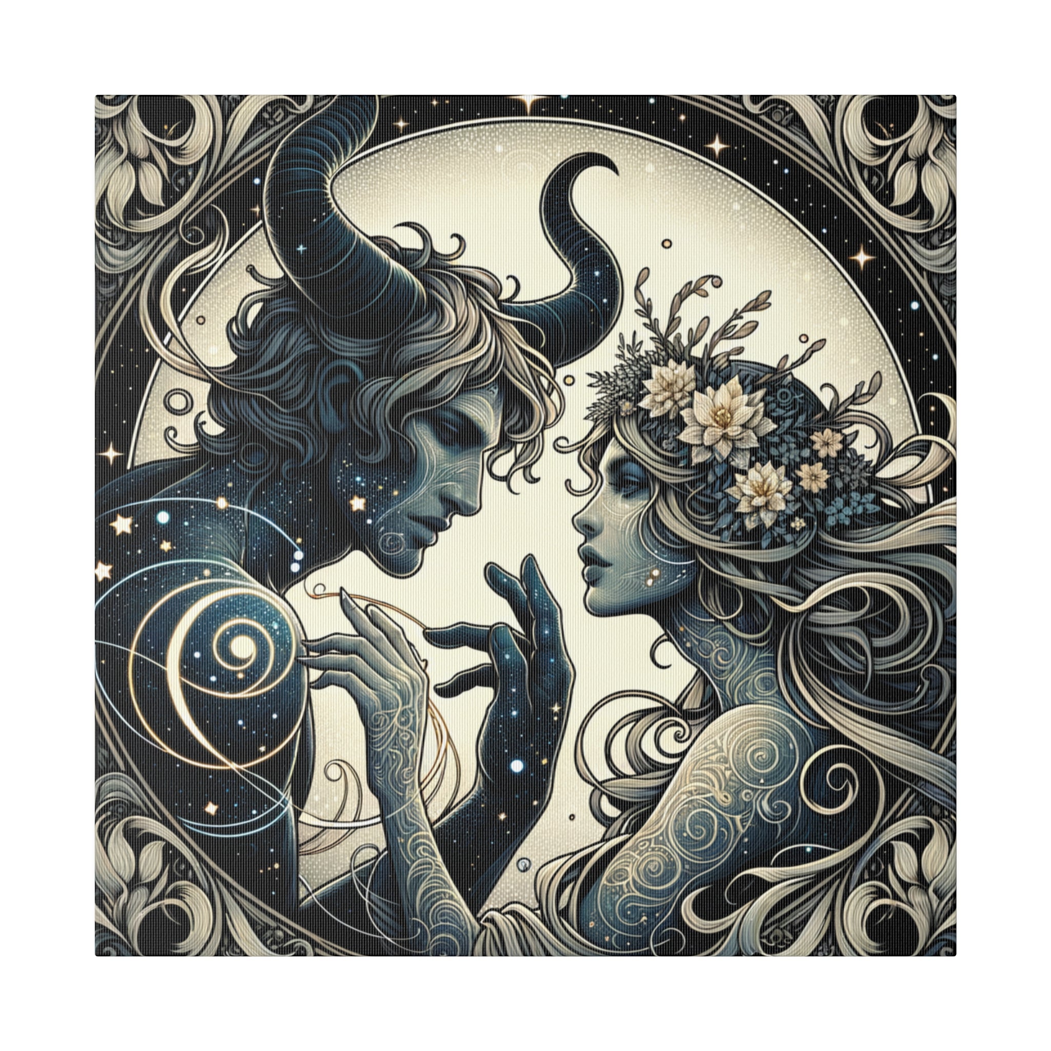 Celestial Embrace Artistic Illustration Matte Canvas Print - Stretched 0.75 Inch Frame