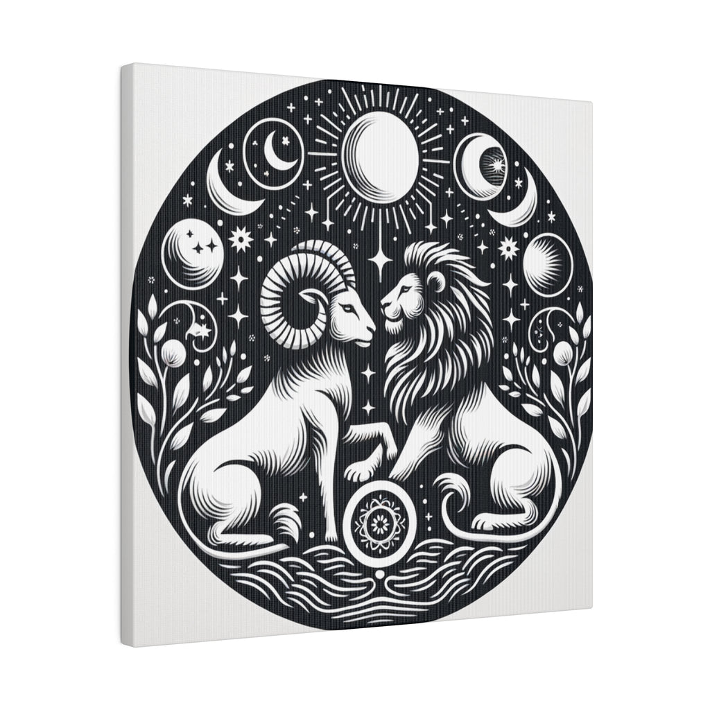 Celestial Harmony Lion and Ram Illustration Art on Matte Canvas - Stretched 0.75 Inch Frame